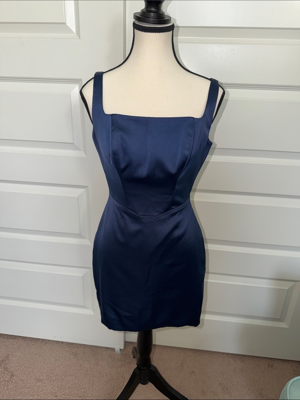 Navy Square-Neck Sheath Dress